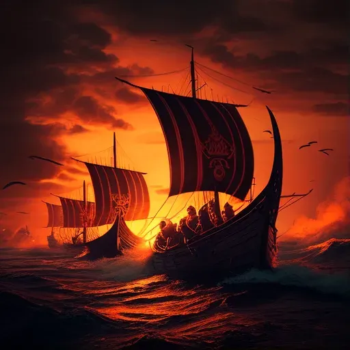 Viking longships sailing into fiery sunset - Image 1