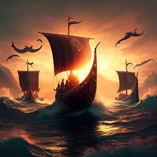 Viking longships sailing into fiery sunset - Image 3