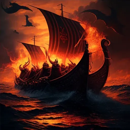 Viking longships sailing into fiery sunset - Image 4