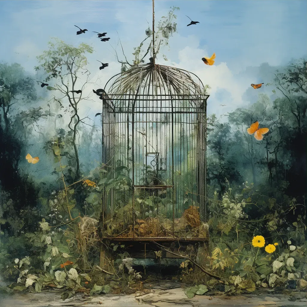 Golden bird cage surrounded by green foliage under blue sky - Image 3