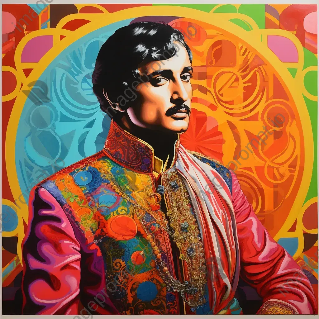 Colourful pop art depiction of Emperor Akbar with geometric patterns and traditional motifs - Image 2