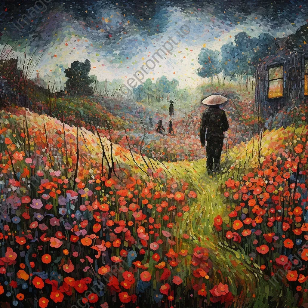 Pointillism of war trenches filled with blooming flowers, symbolizing rebirth - Image 1