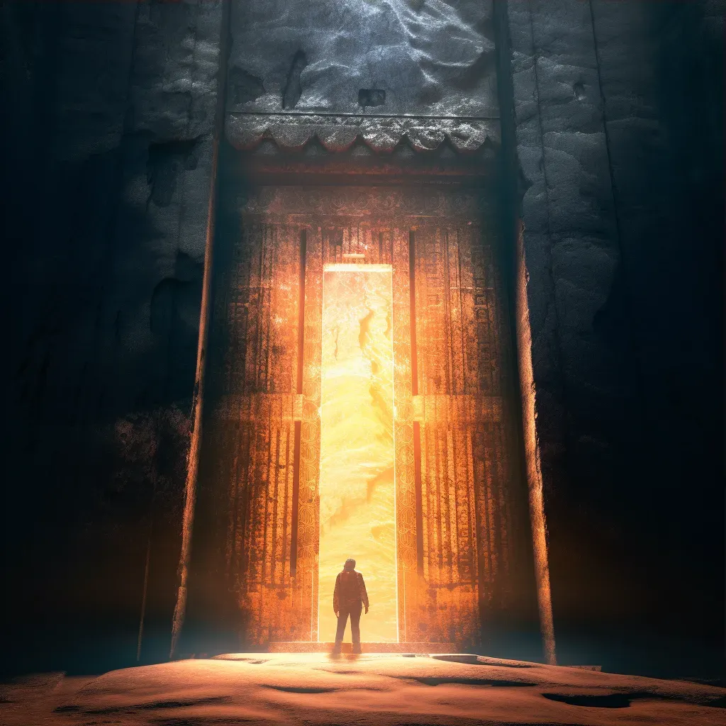 Figure in front of glowing ancient door - Image 3