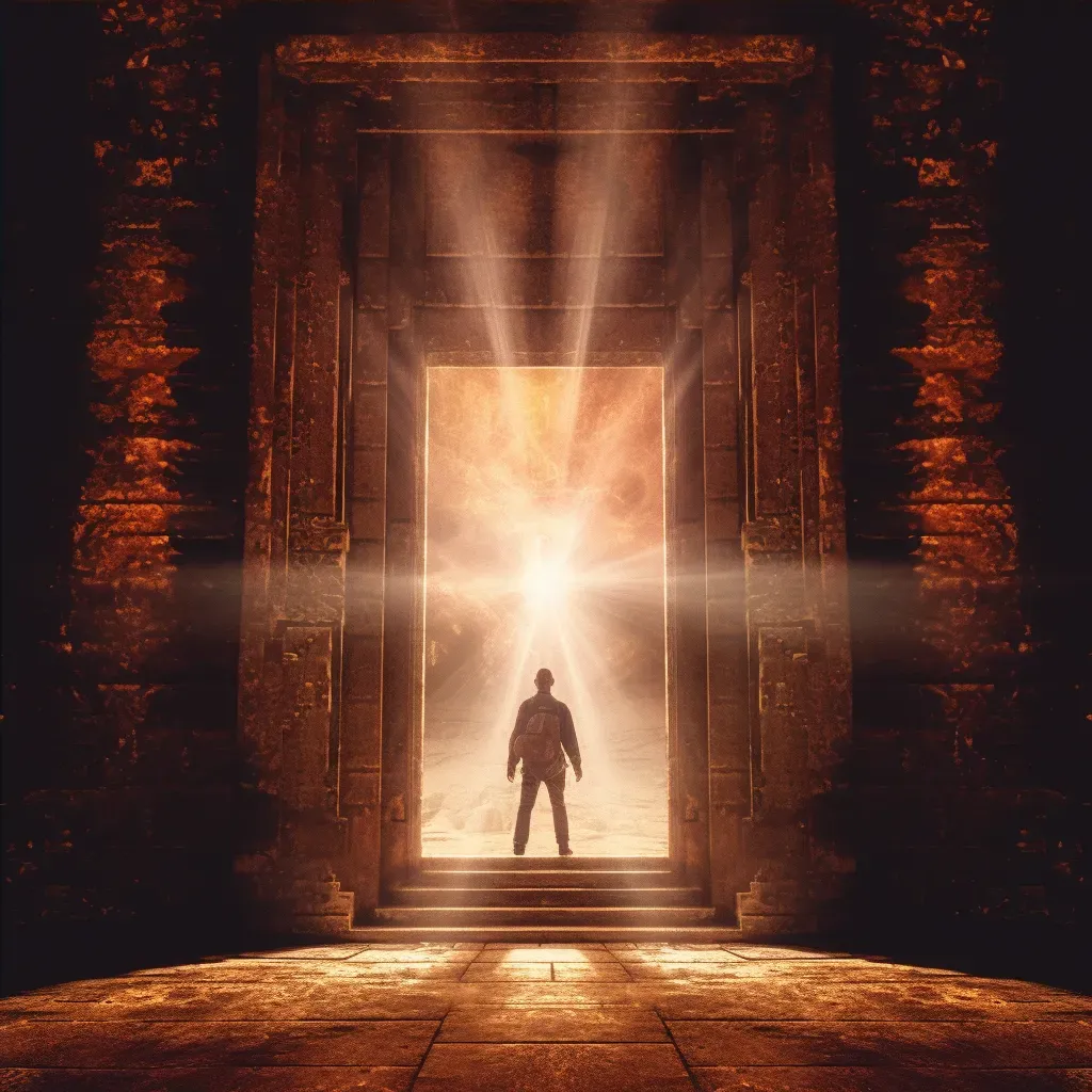 Figure Facing Glowing Ancient Door