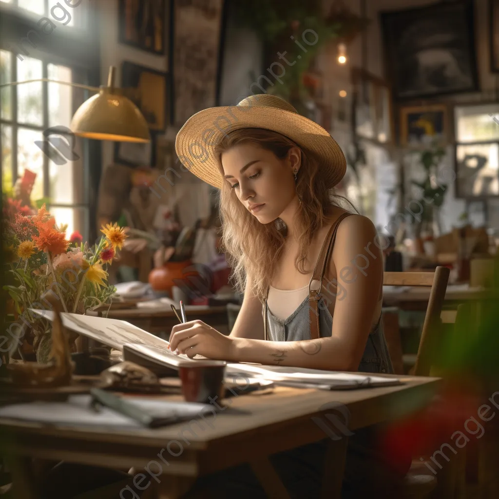 A young artist sketching in a café filled with creative decor. - Image 3