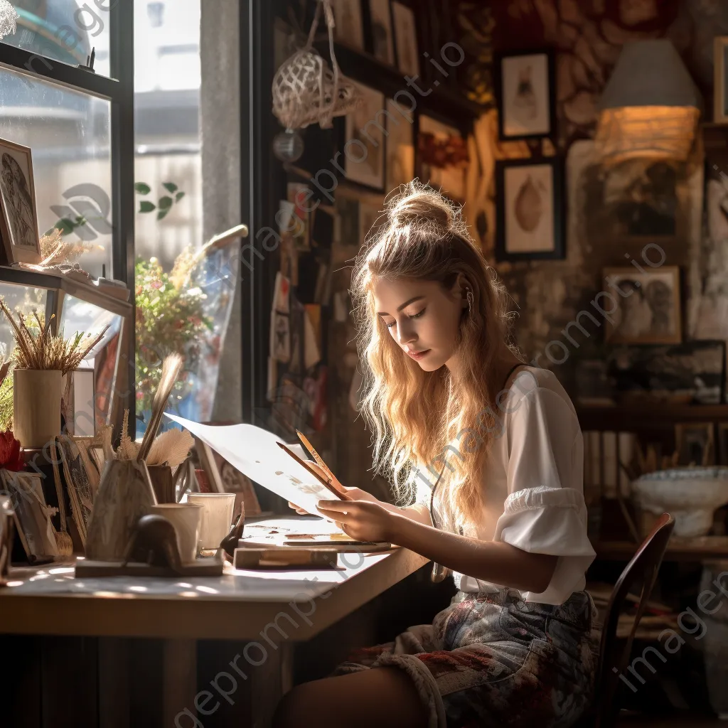 A young artist sketching in a café filled with creative decor. - Image 4