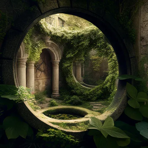 Secret Garden - Hidden behind mossy stone wall, ivy-covered archways, central sundial - Image 1