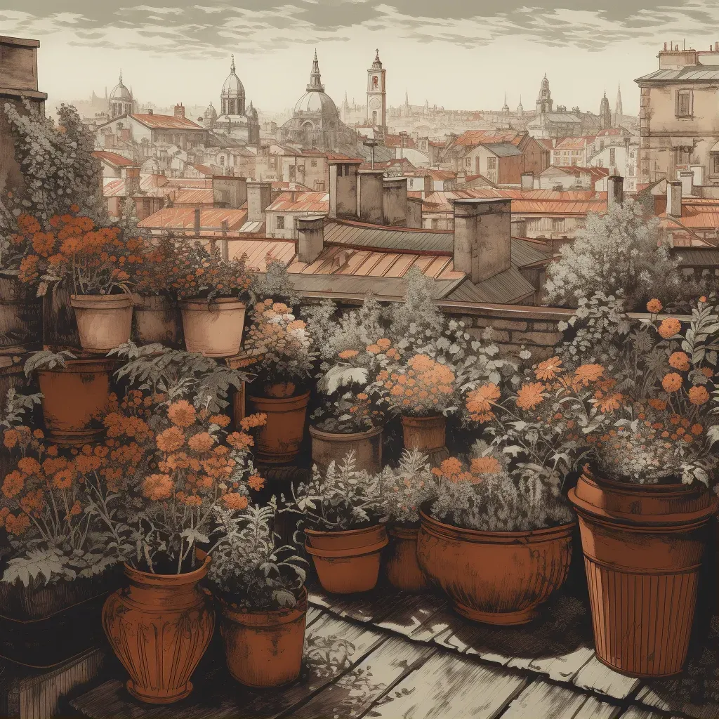 Rooftop garden with blooming flowers overlooking city skyline - Image 1