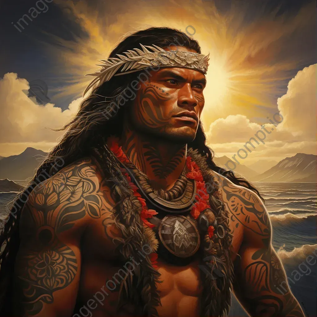 A Polynesian chief adorned with intricately symbolic tattoos set against a Pacific sunset - Image 1