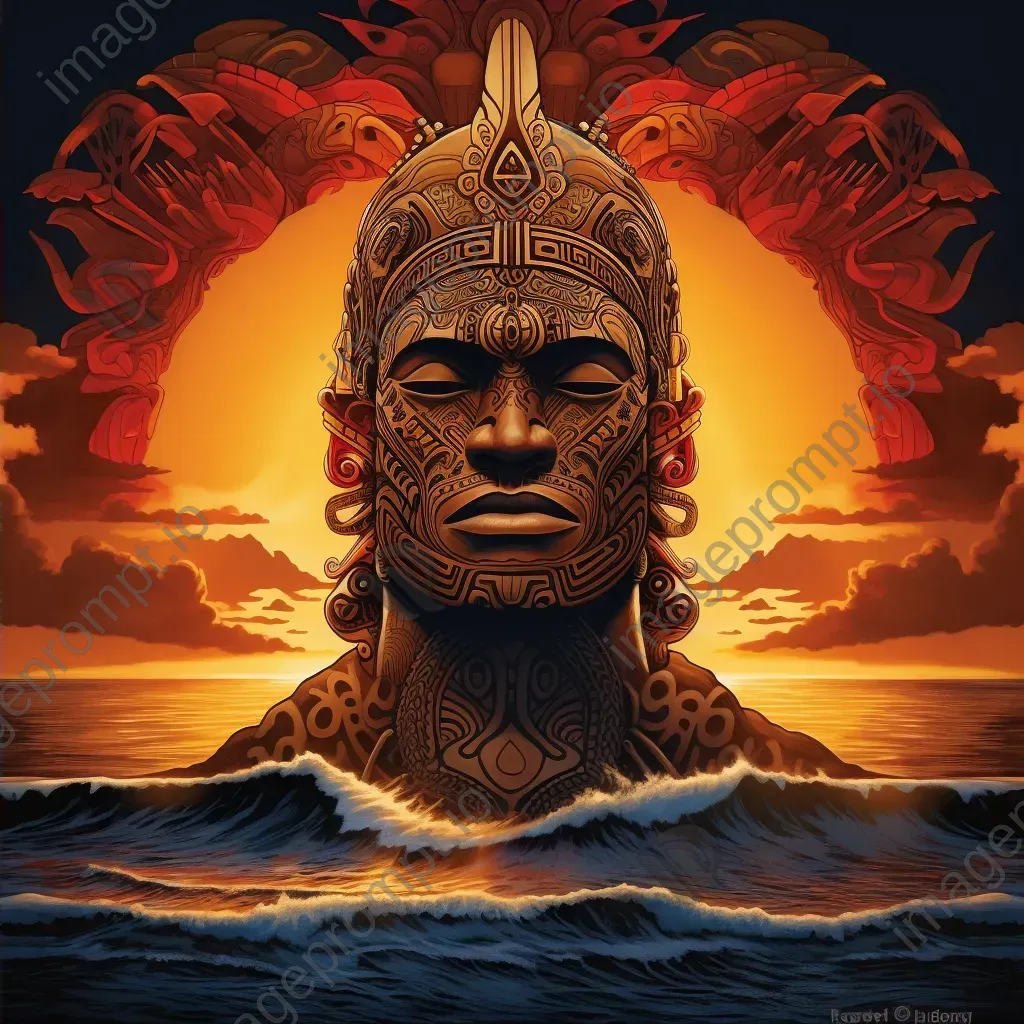 A Polynesian chief adorned with intricately symbolic tattoos set against a Pacific sunset - Image 2