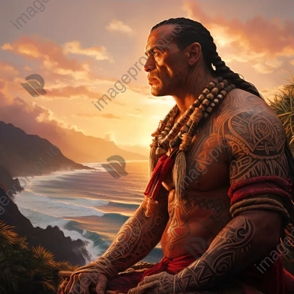 A Polynesian chief adorned with intricately symbolic tattoos set against a Pacific sunset - Image 3