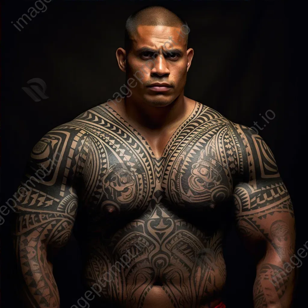 A Polynesian chief adorned with intricately symbolic tattoos set against a Pacific sunset - Image 4