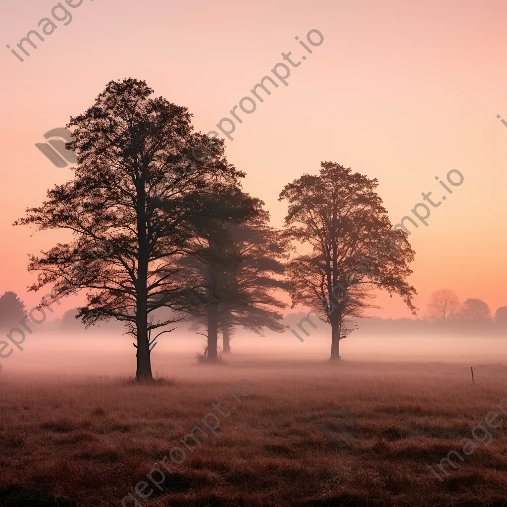 Trees in a foggy meadow at sunrise - Image 1