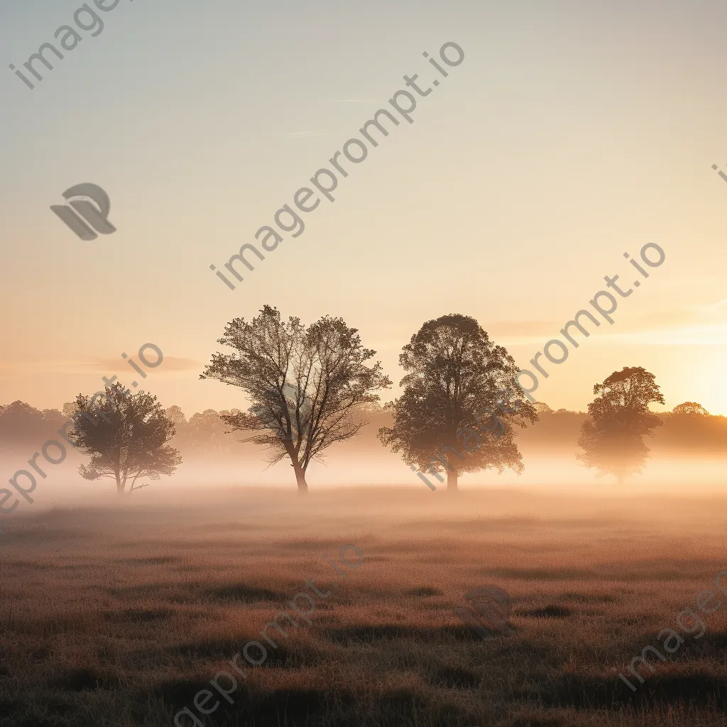 Trees in a foggy meadow at sunrise - Image 2