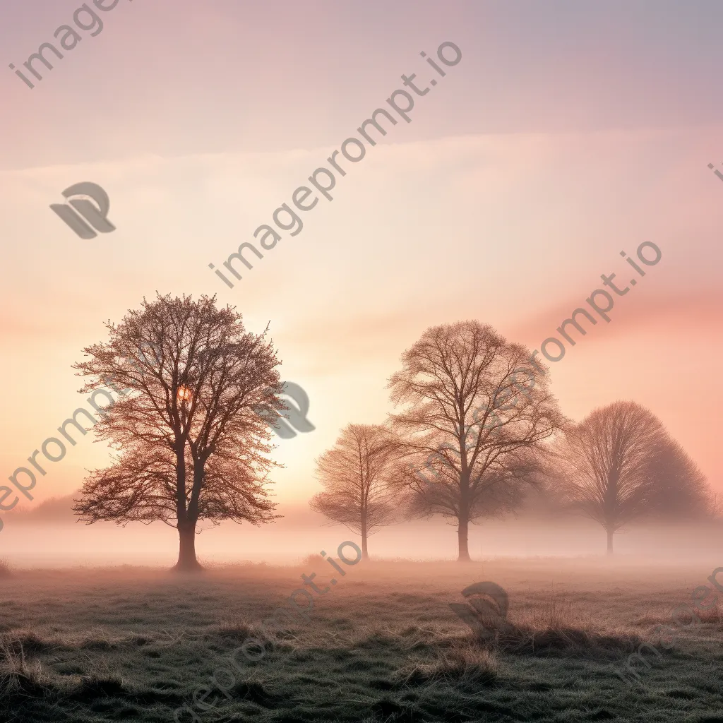 Trees in a foggy meadow at sunrise - Image 3