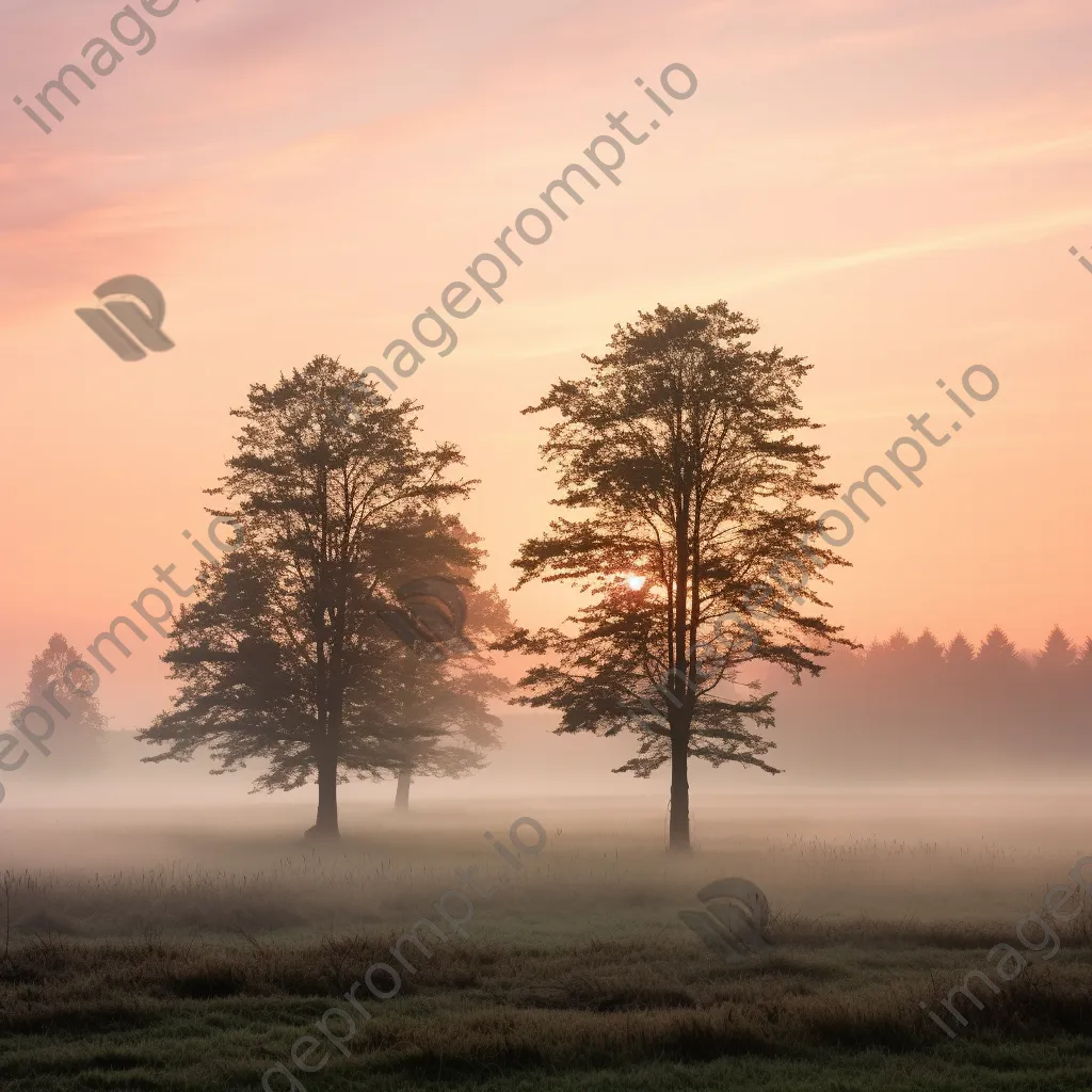 Trees in a foggy meadow at sunrise - Image 4