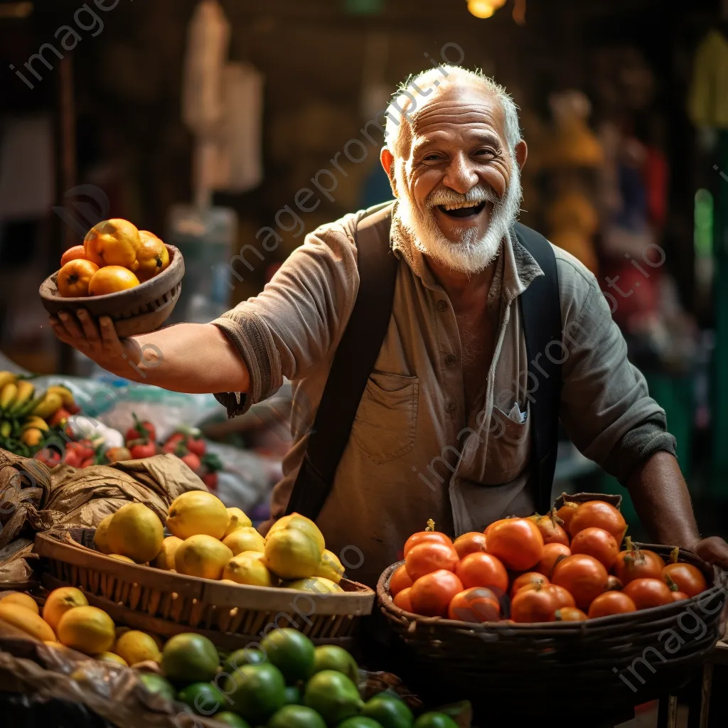 Vendor selling organic fruits at a busy market. - Image 1