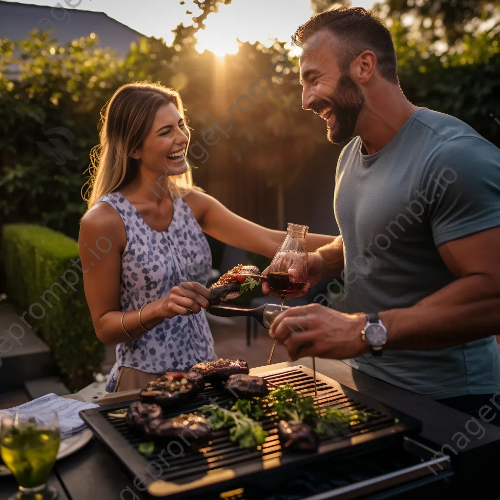 Couple grilling steaks outdoors with wine - Image 1