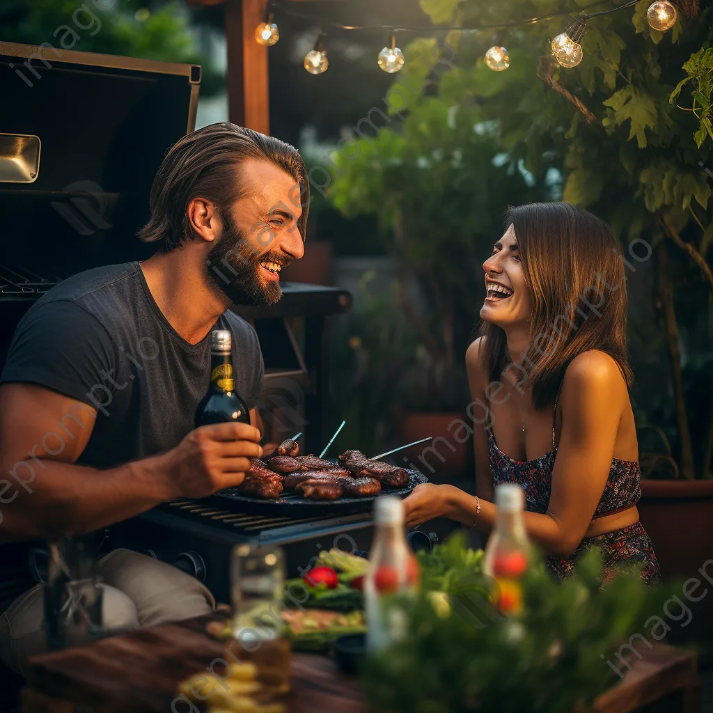 Couple grilling steaks outdoors with wine - Image 2