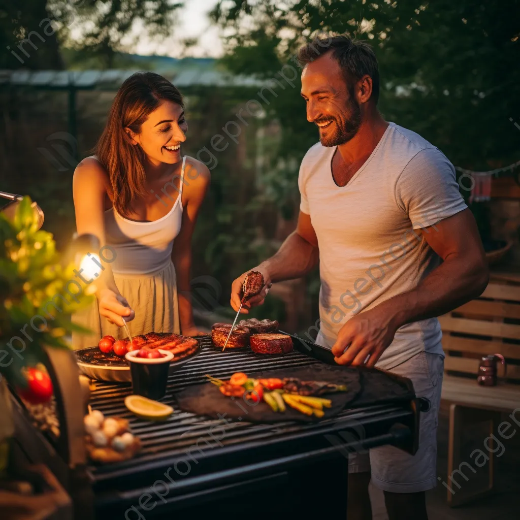 Couple grilling steaks outdoors with wine - Image 3