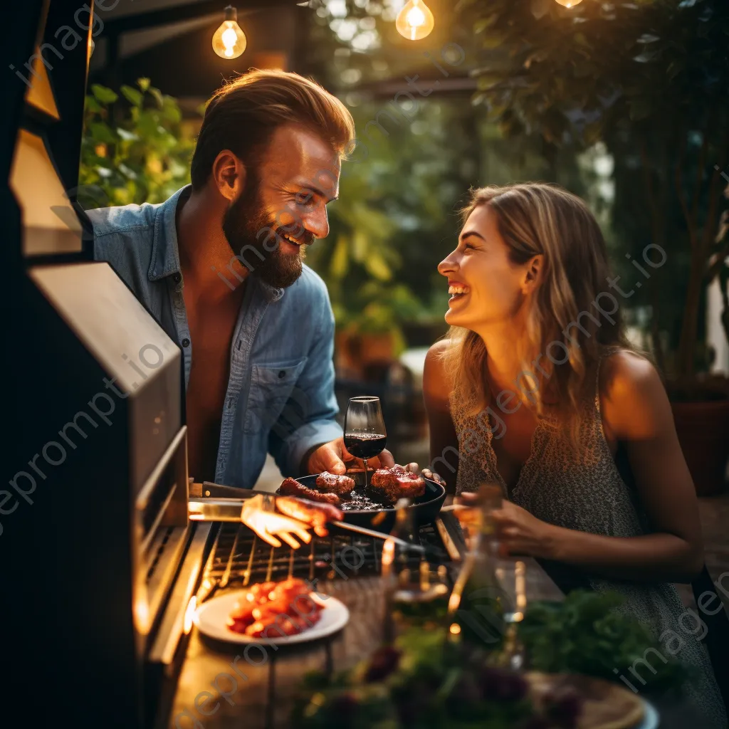 Couple grilling steaks outdoors with wine - Image 4