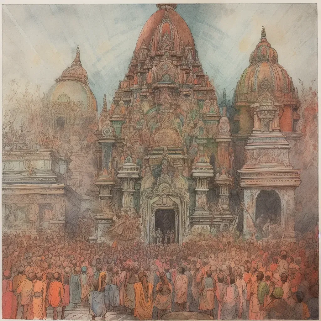 Vibrant Hindu temple with intricate carvings and devotees during a colorful festival - Image 1