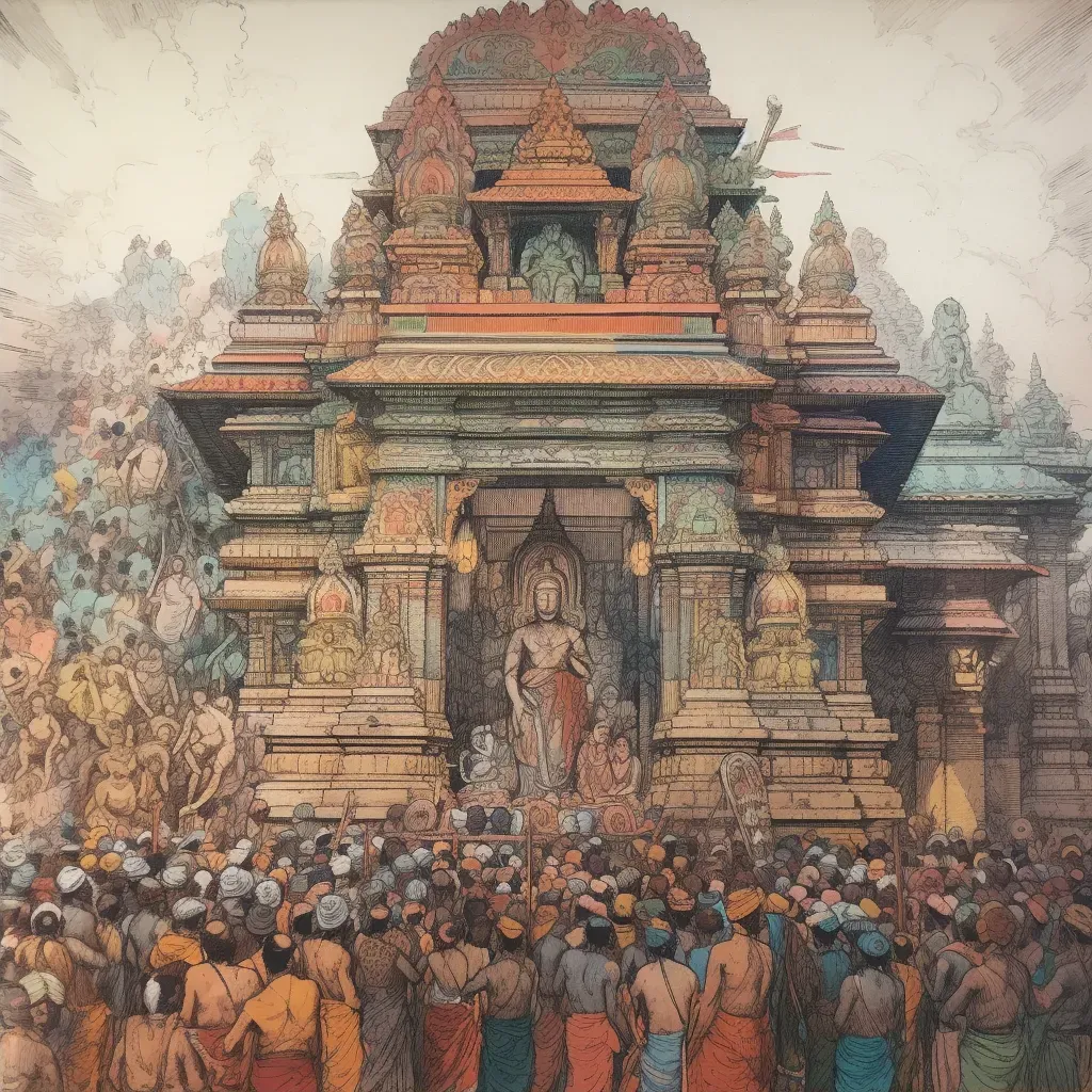 Vibrant Hindu temple with intricate carvings and devotees during a colorful festival - Image 2