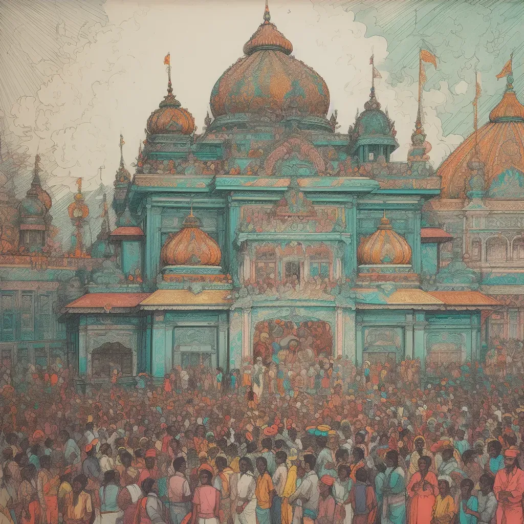 Vibrant Hindu temple with intricate carvings and devotees during a colorful festival - Image 3