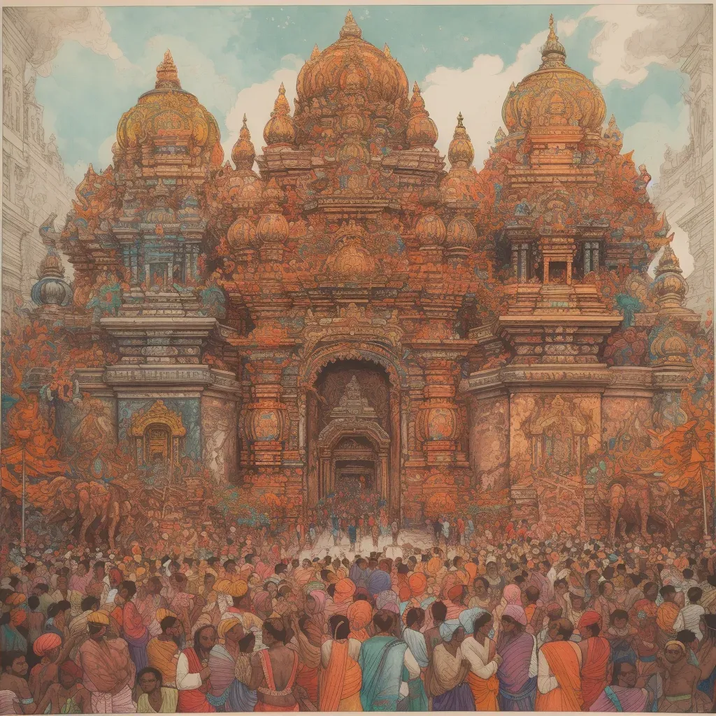 Vibrant Hindu temple with intricate carvings and devotees during a colorful festival - Image 4