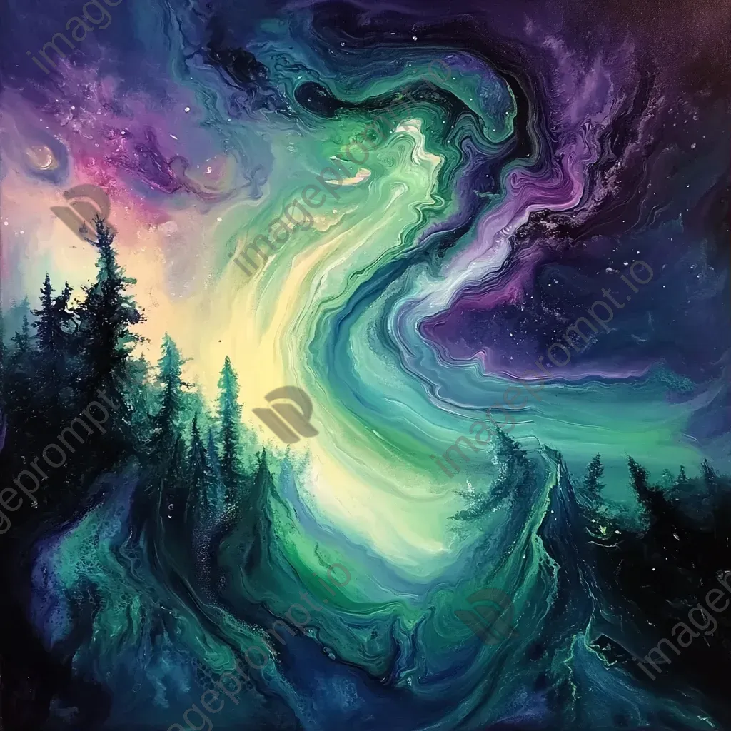 Acrylic paint pour art depicting Aurora Borealis over a tundra - Image 1