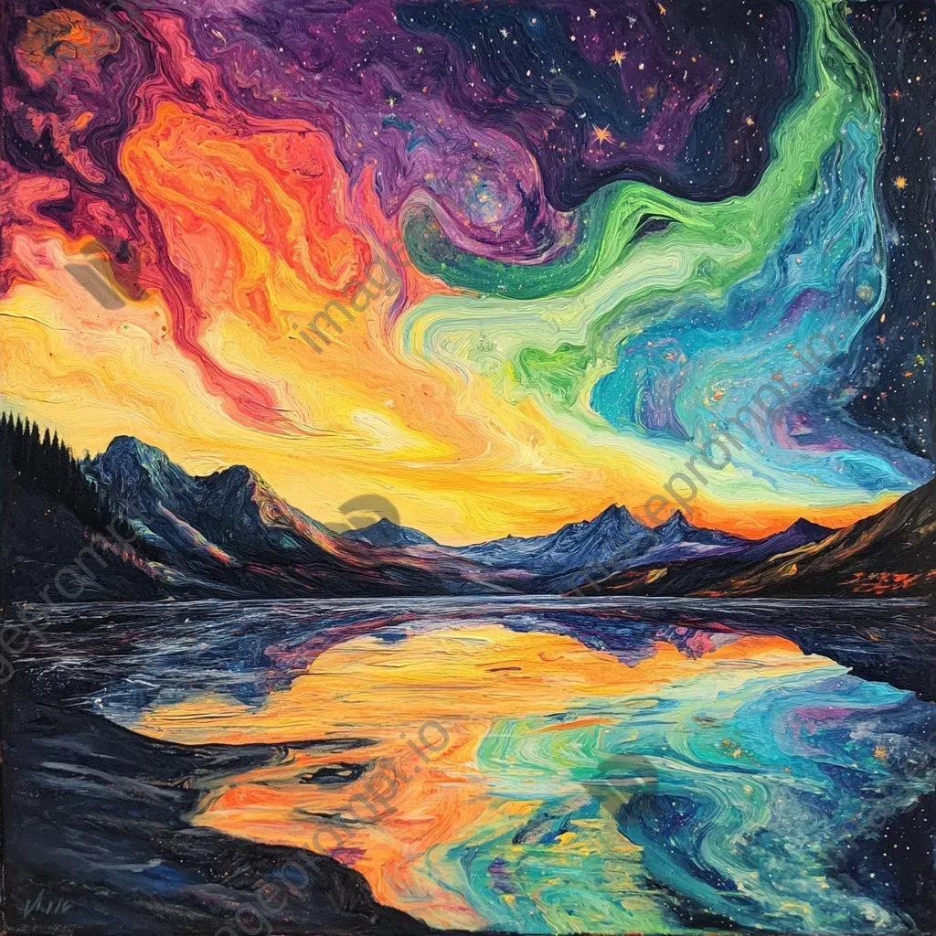 Acrylic paint pour art depicting Aurora Borealis over a tundra - Image 2