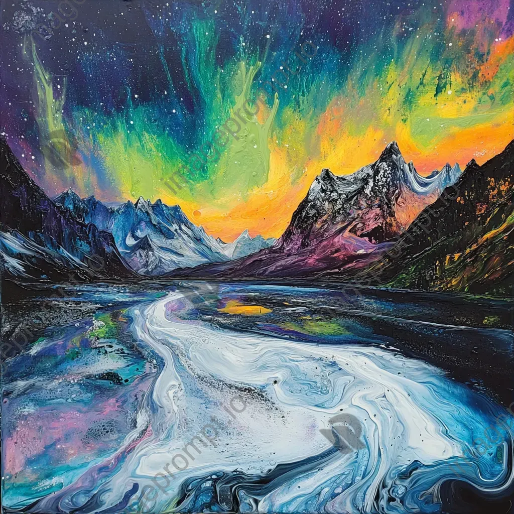 Acrylic paint pour art depicting Aurora Borealis over a tundra - Image 3