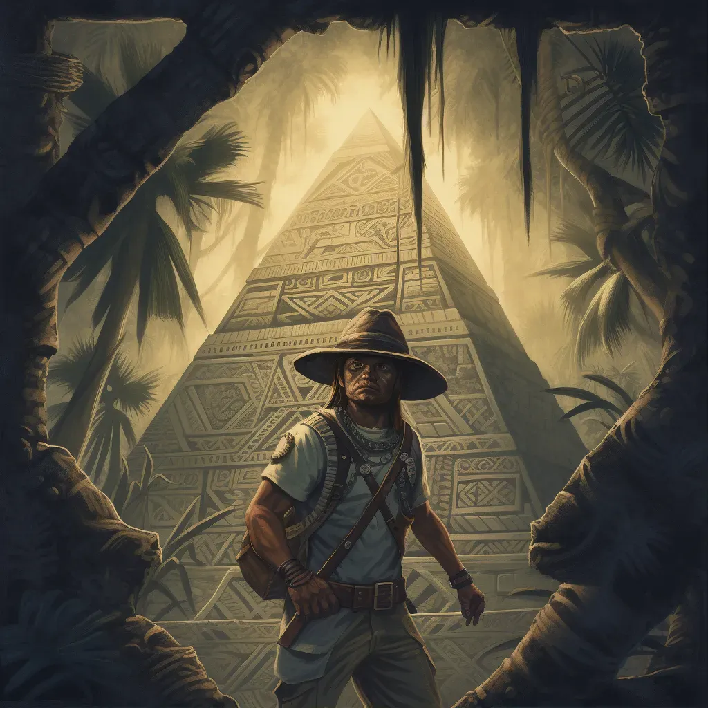 Explorer at entrance of ancient pyramid in jungle with torch and hieroglyphs - Image 1