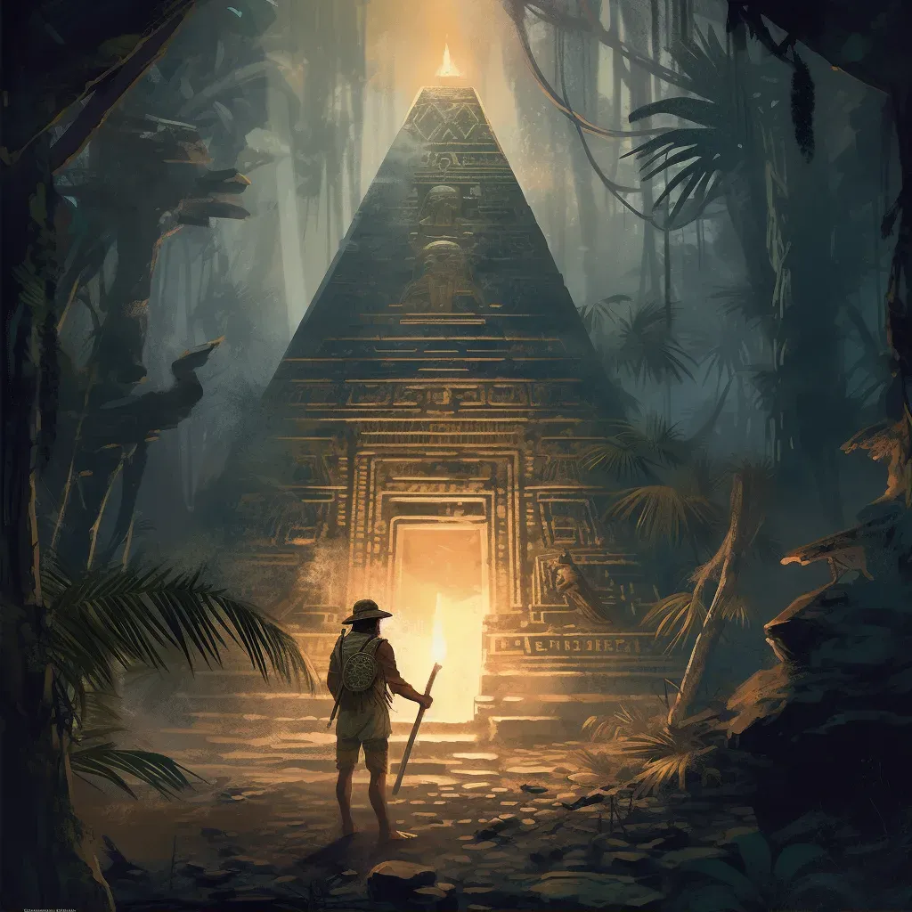 Explorer at entrance of ancient pyramid in jungle with torch and hieroglyphs - Image 2