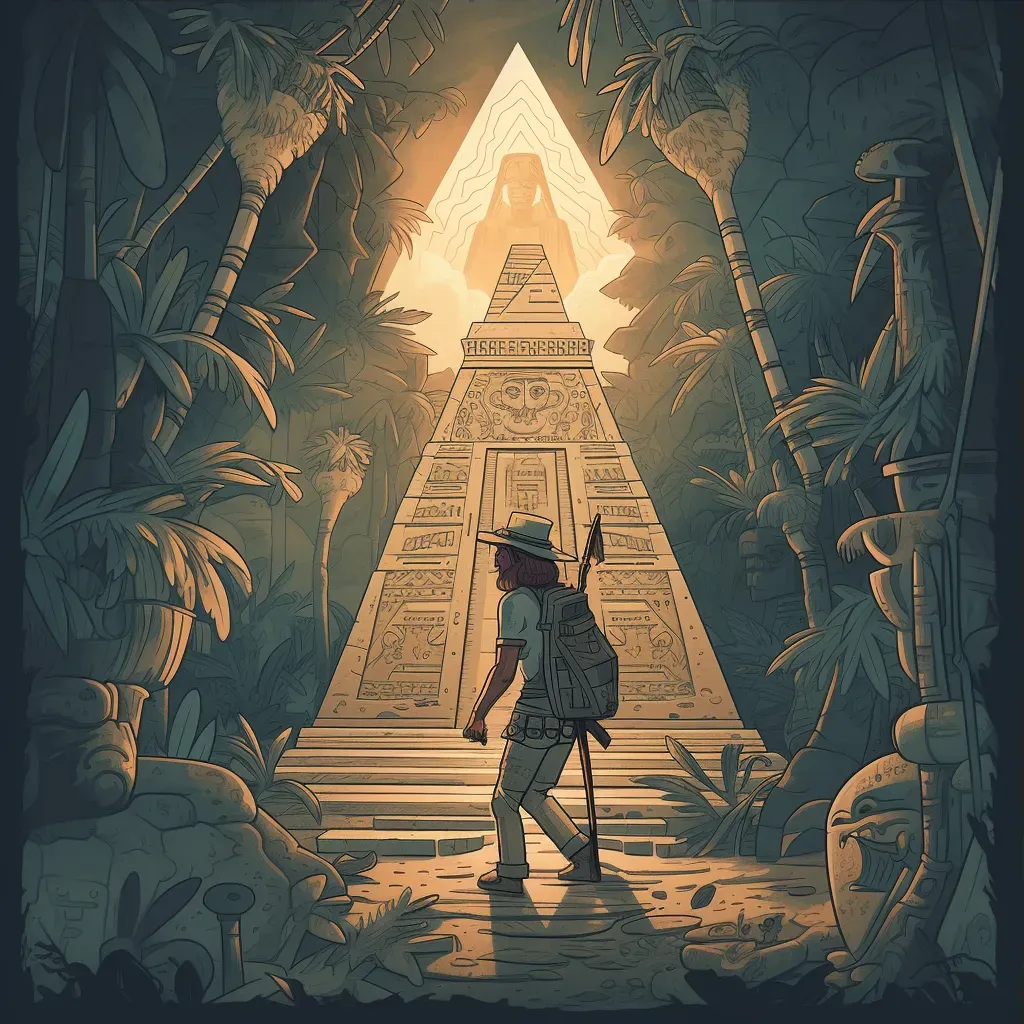 Explorer at entrance of ancient pyramid in jungle with torch and hieroglyphs - Image 3