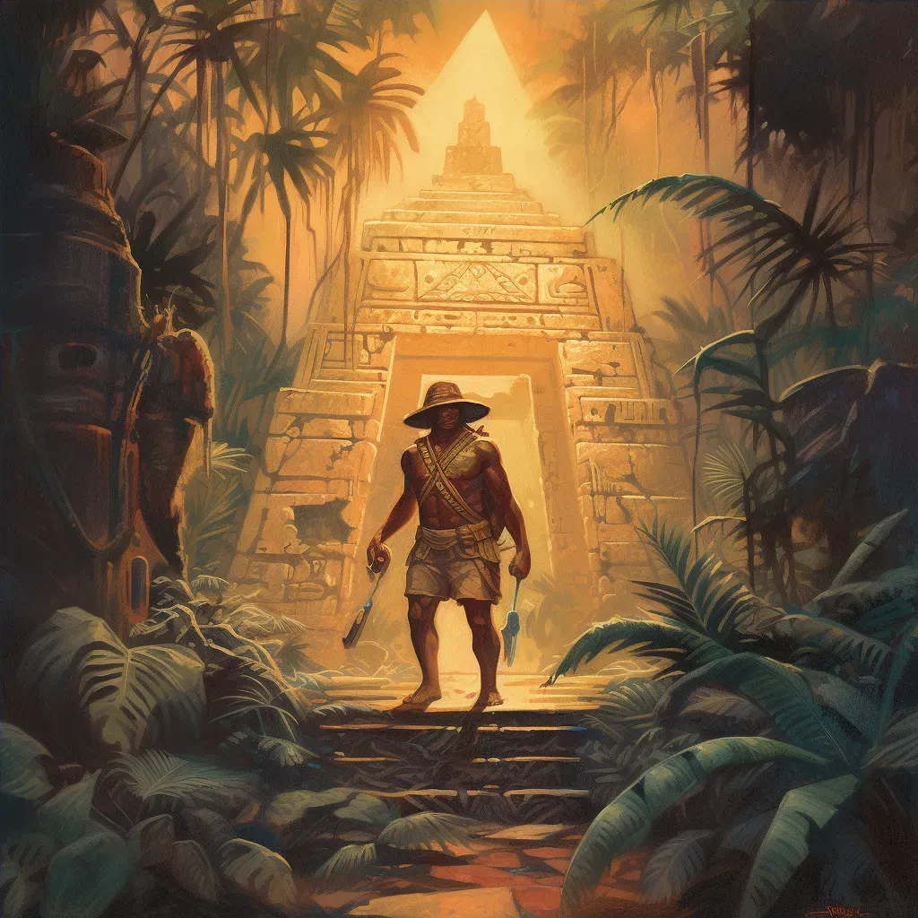 Explorer at entrance of ancient pyramid in jungle with torch and hieroglyphs - Image 4