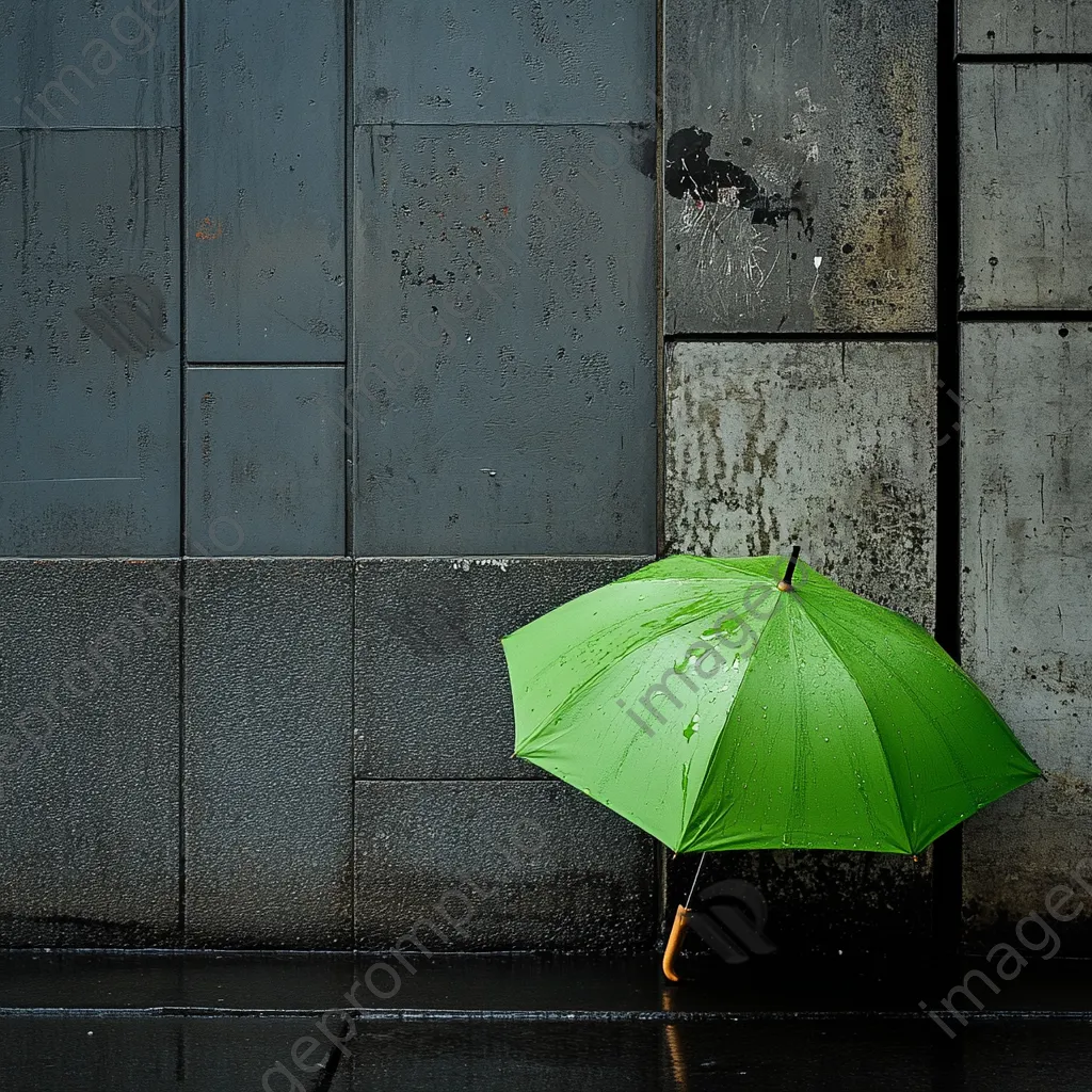 Green umbrella in a grey urban environment during rain - Image 1