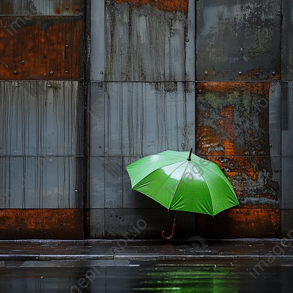 Green umbrella in a grey urban environment during rain - Image 2