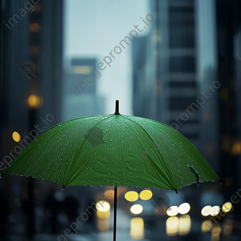 Green umbrella in a grey urban environment during rain - Image 3