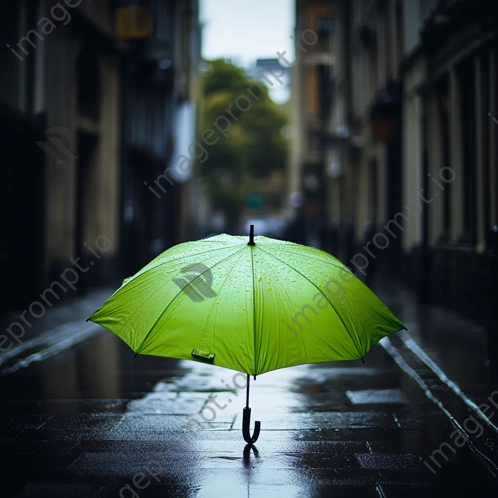 Green umbrella in a grey urban environment during rain - Image 4