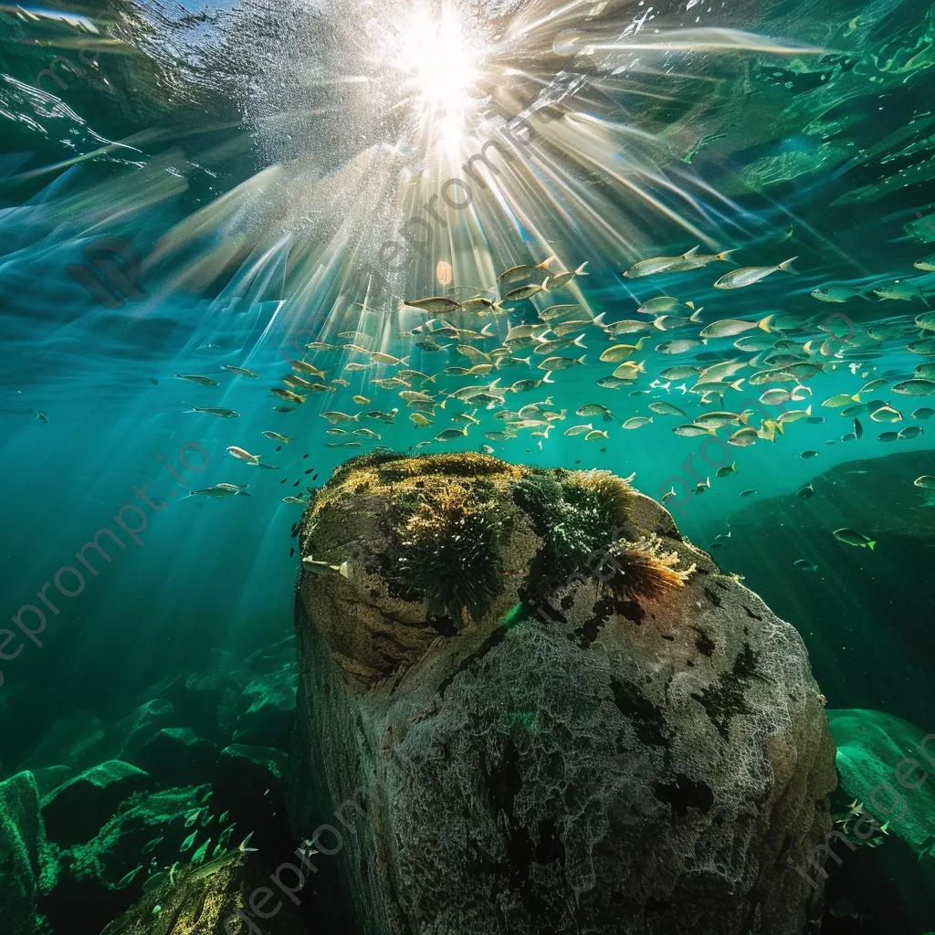 Underwater view of fish swimming around a rock covered in green algae. - Image 3