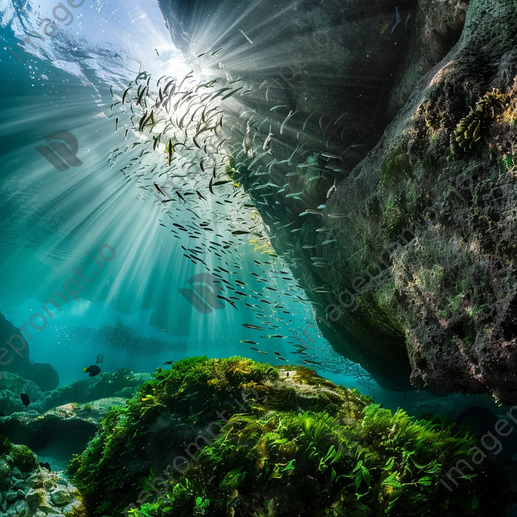 Underwater view of fish swimming around a rock covered in green algae. - Image 4