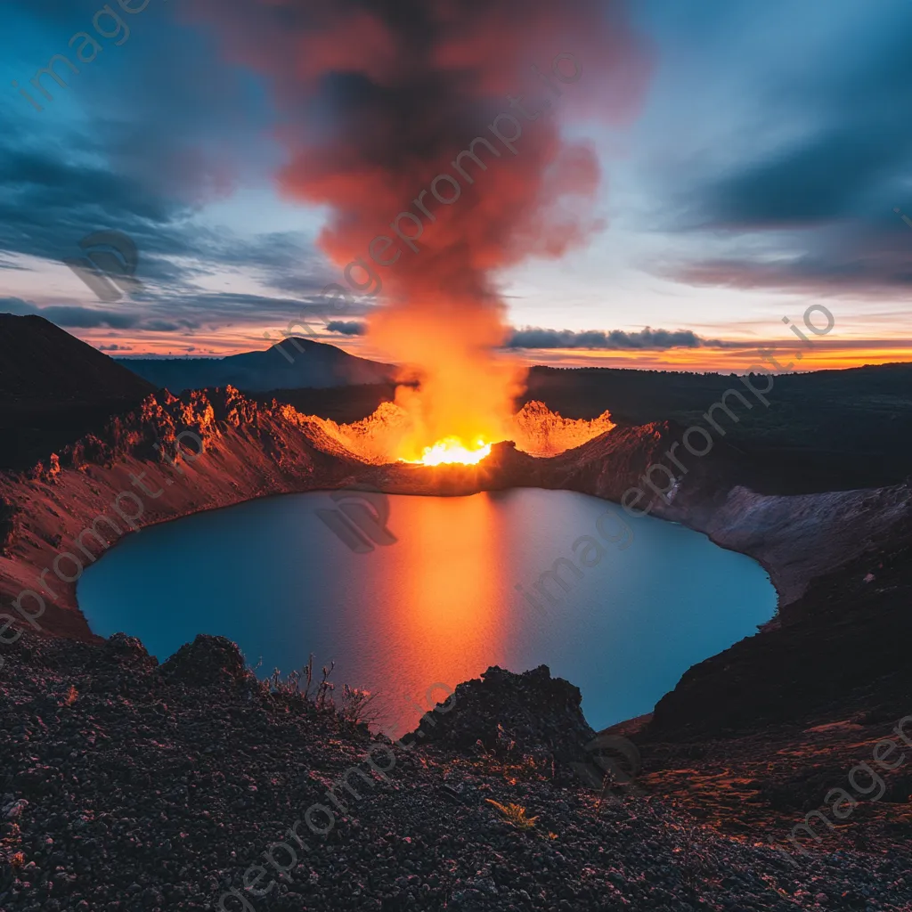 Timelapse sequence of a crater lake evolving into a volcanic eruption at dusk - Image 2