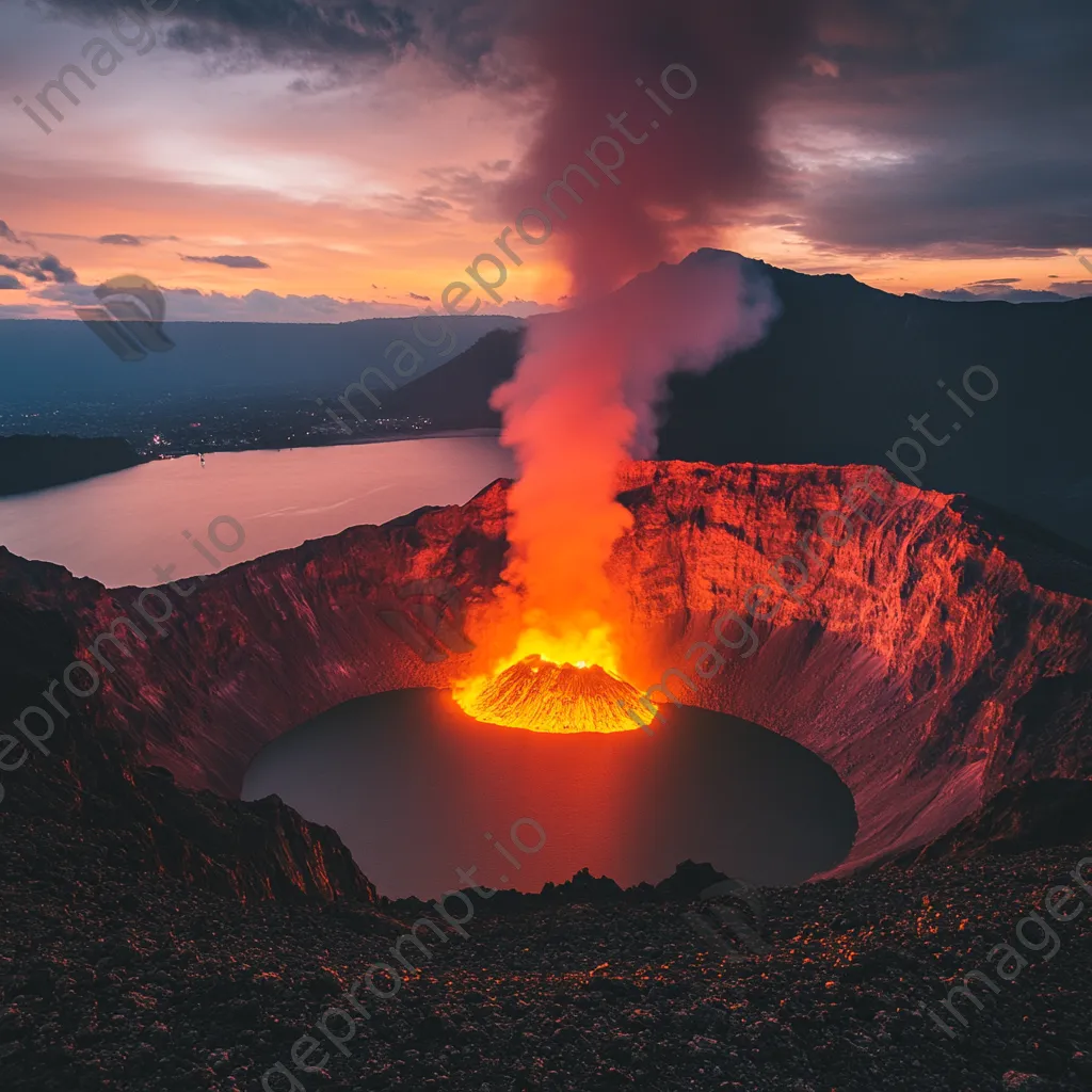 Timelapse sequence of a crater lake evolving into a volcanic eruption at dusk - Image 3