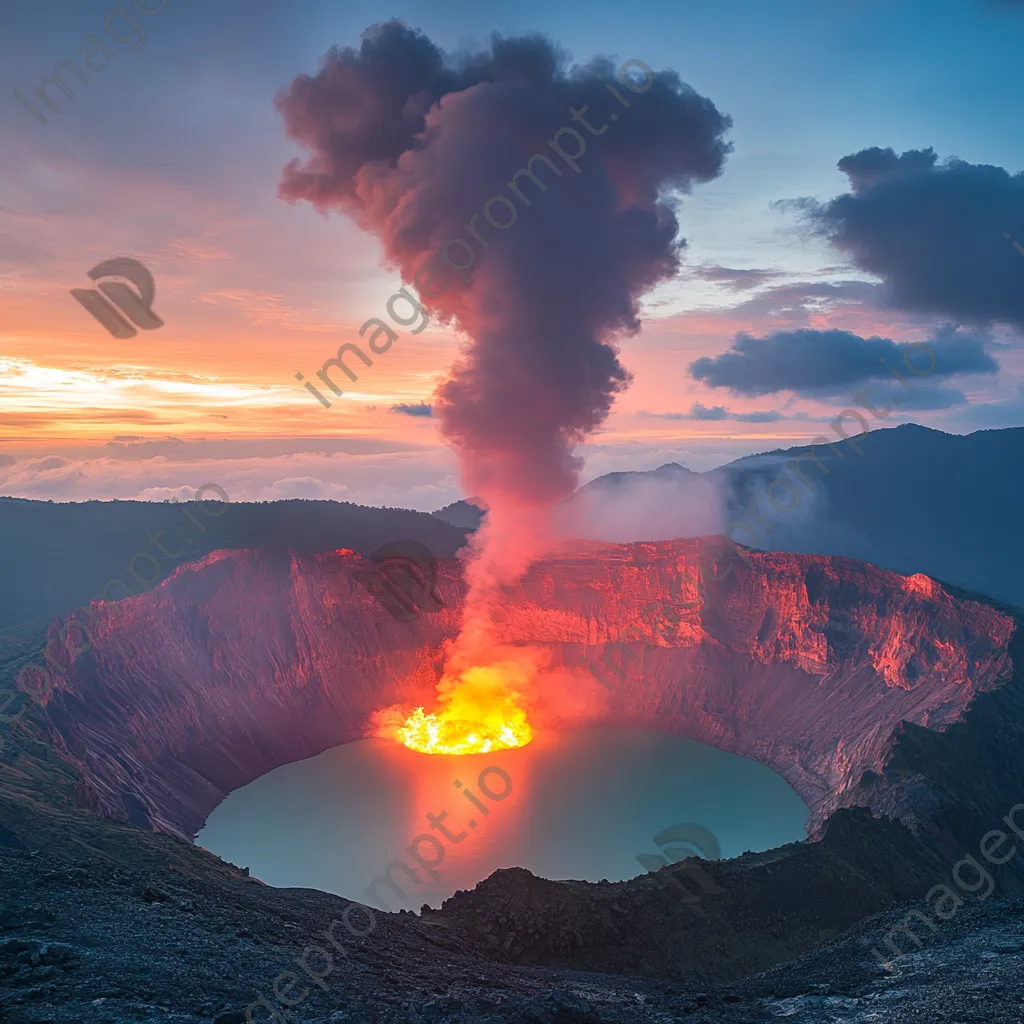 Timelapse sequence of a crater lake evolving into a volcanic eruption at dusk - Image 4