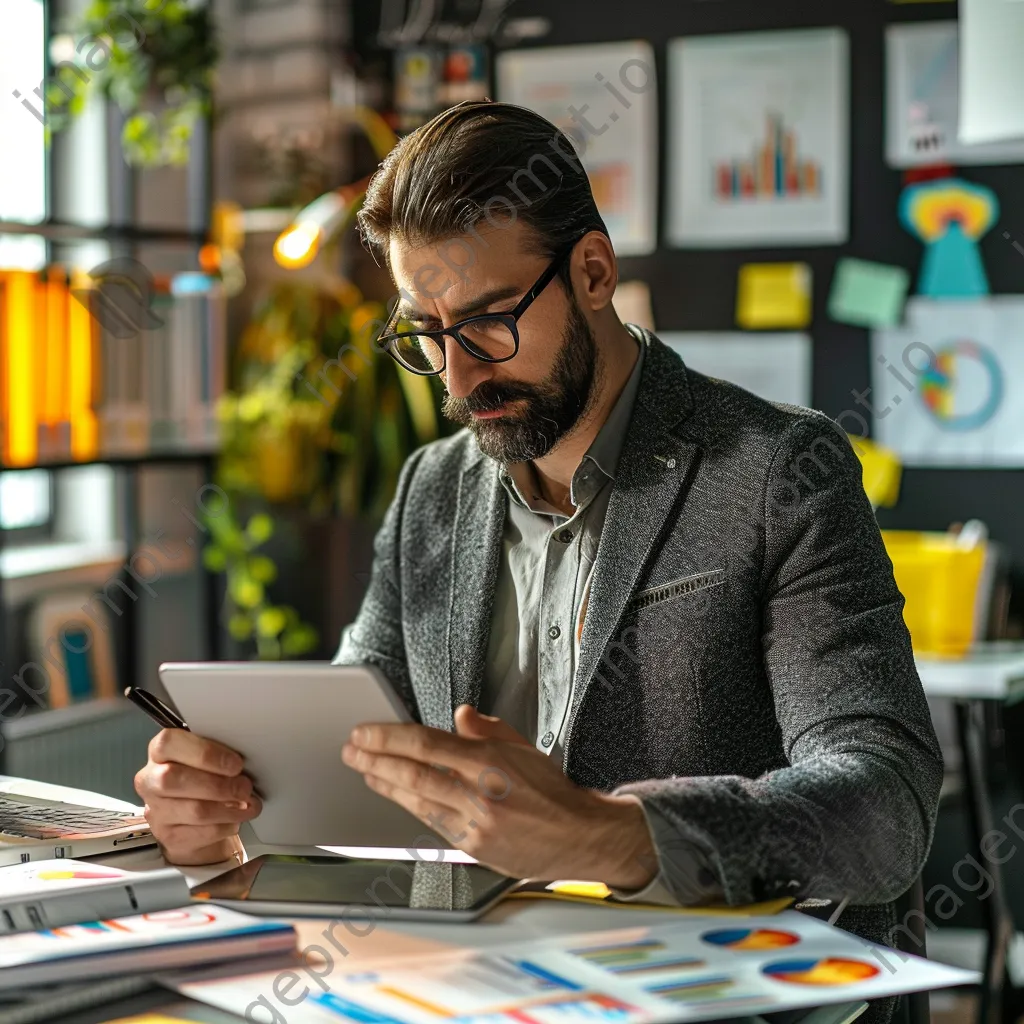 Customer support agent analyzing data on a tablet in office - Image 1