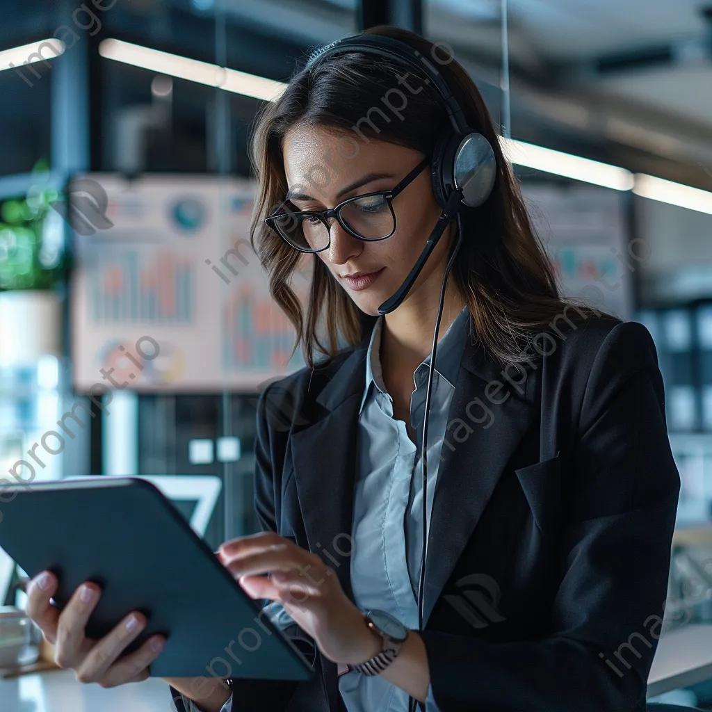 Customer support agent analyzing data on a tablet in office - Image 3