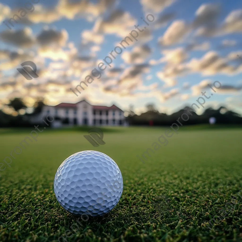 Golf ball on a tee with clubhouse and cloudy sky background - Image 1