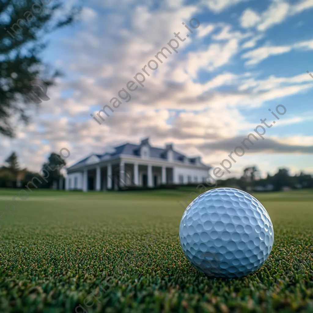 Golf ball on a tee with clubhouse and cloudy sky background - Image 2