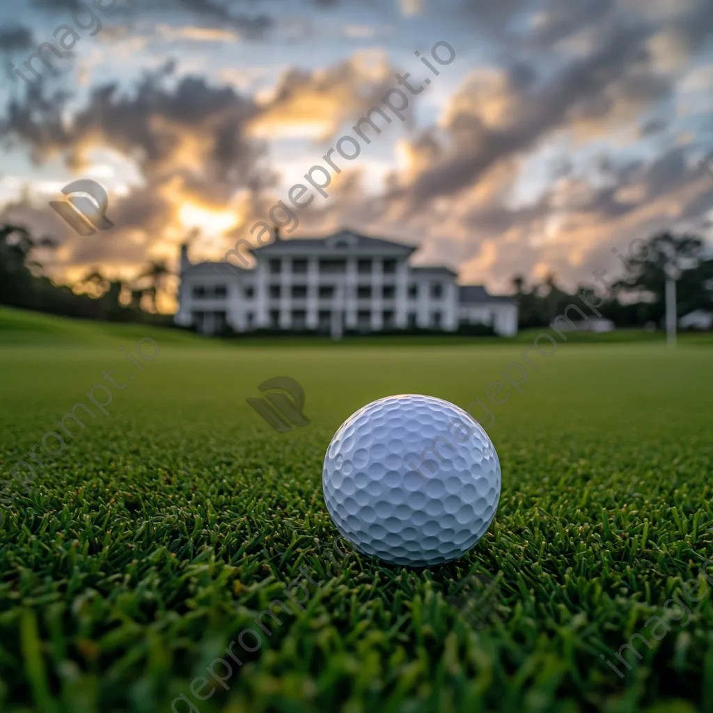 Golf ball on a tee with clubhouse and cloudy sky background - Image 3